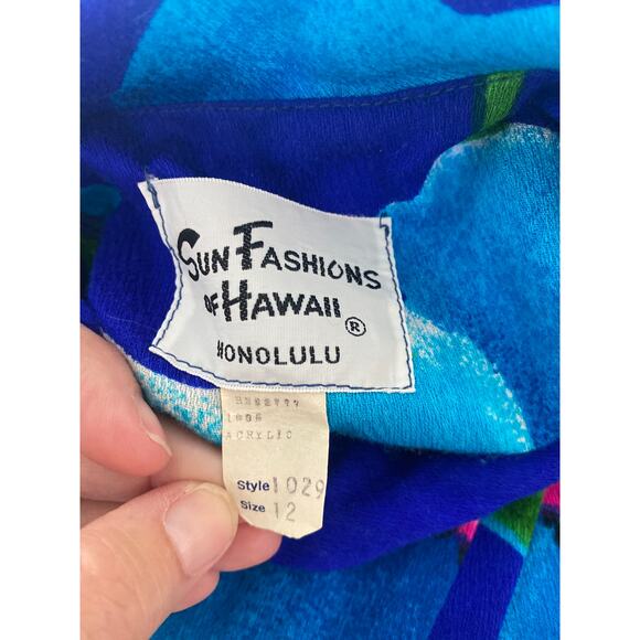 VINTAGE 60's 70's Sun Fashions of Hawaii Dress Maxi Sleeveless Blue Floral Sz 12 - Picture 5 of 5